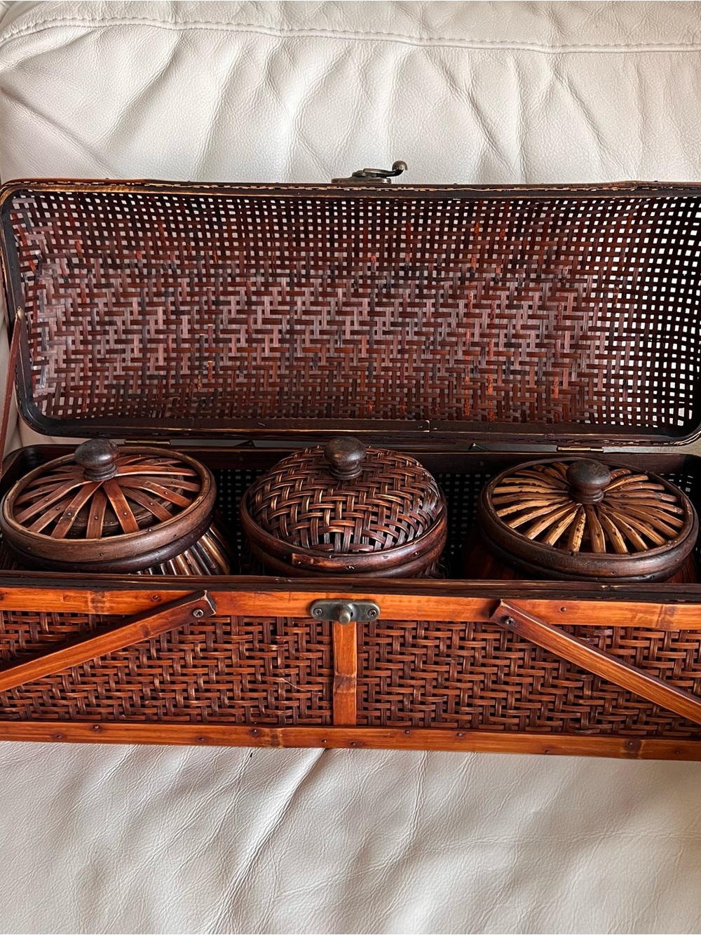 Woven Rattan Bamboo Trinket Canister Set Inside Basket Storage